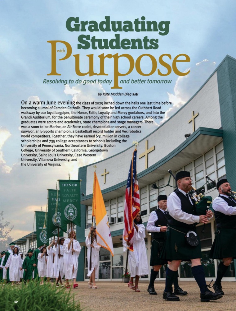 graduates in white and green caps and gowns processing past the school behind two bagpipers and a color guard, under the magazine headline Graduating Students with Purpose